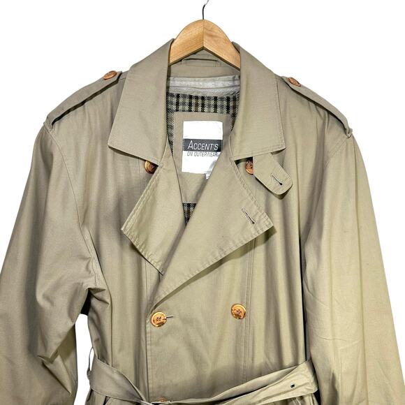 VTG Accents On Outerwear Mens Tan Double Breasted Trench Coat Removable Liner 38 - Picture 3 of 16